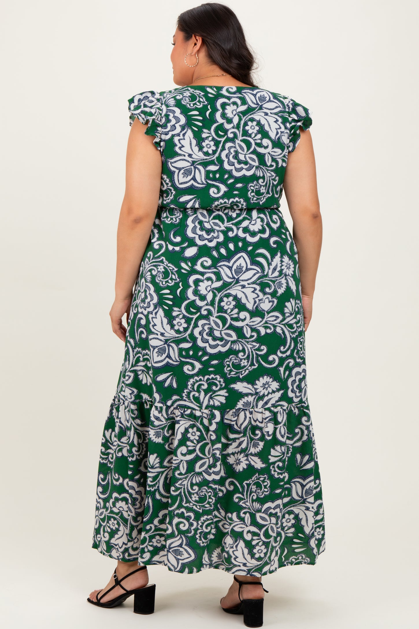 Cream-Green Floral Button Down Plus Maxi Dress