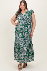 Cream-Green Floral Button Down Plus Maternity Maxi Dress