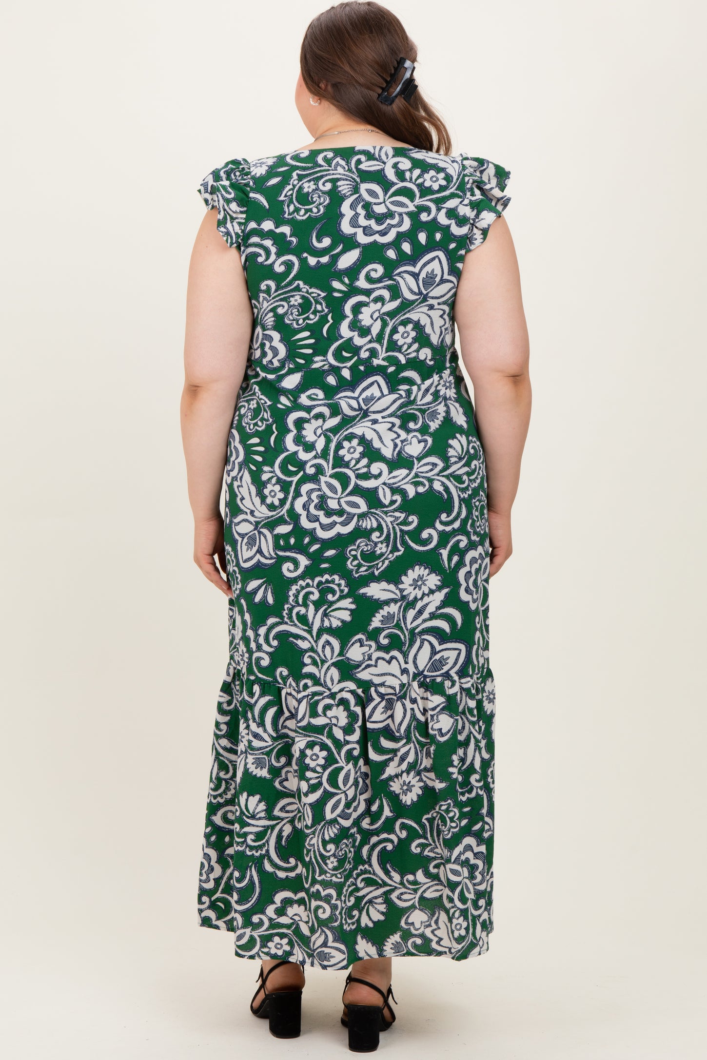 Cream-Green Floral Button Down Plus Maternity Maxi Dress