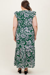 Cream-Green Floral Button Down Plus Maternity Maxi Dress