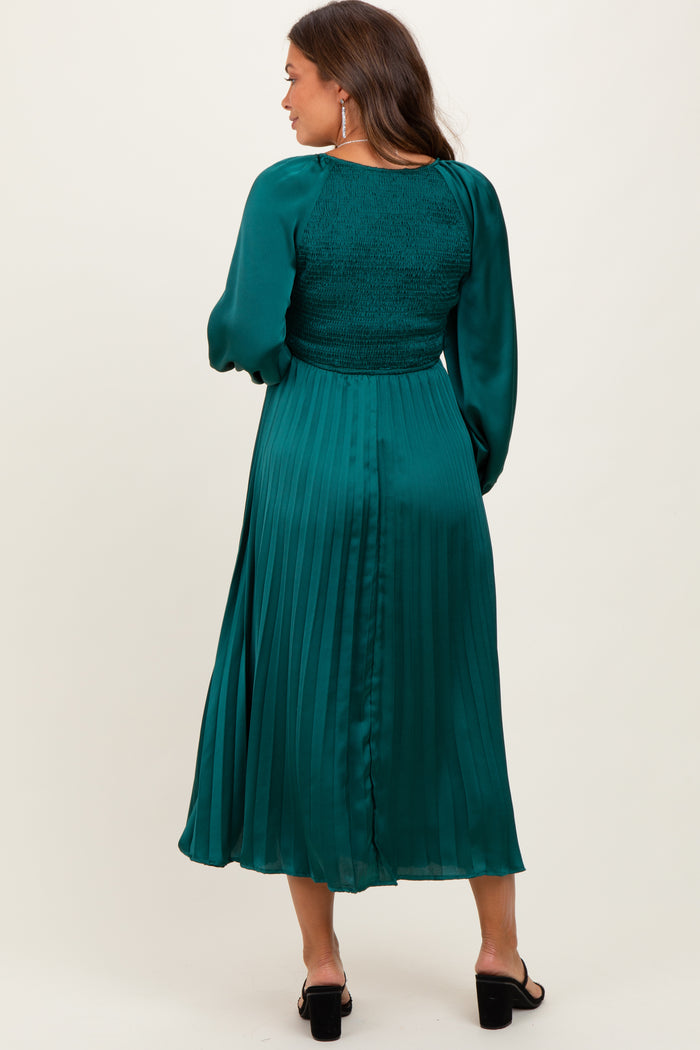 Forest Green Satin Smocked Pleated Maternity Midi Dress