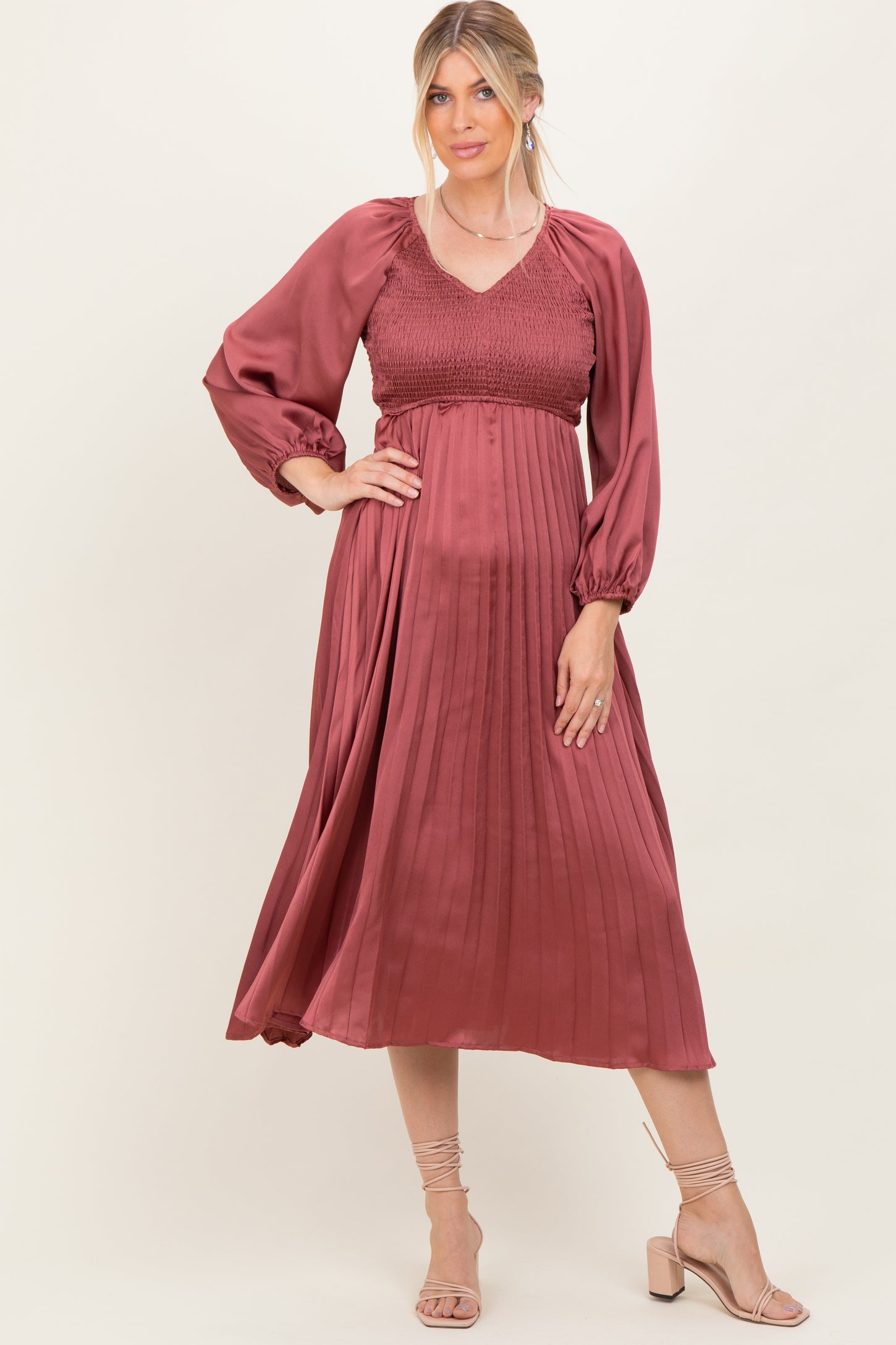 Mauve Satin Smocked Pleated Maternity Midi Dress