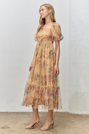 Yellow Floral Tulle Puff Sleeve Midi Dress
