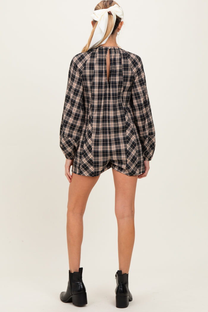 Black Beige Plaid Maternity Romper