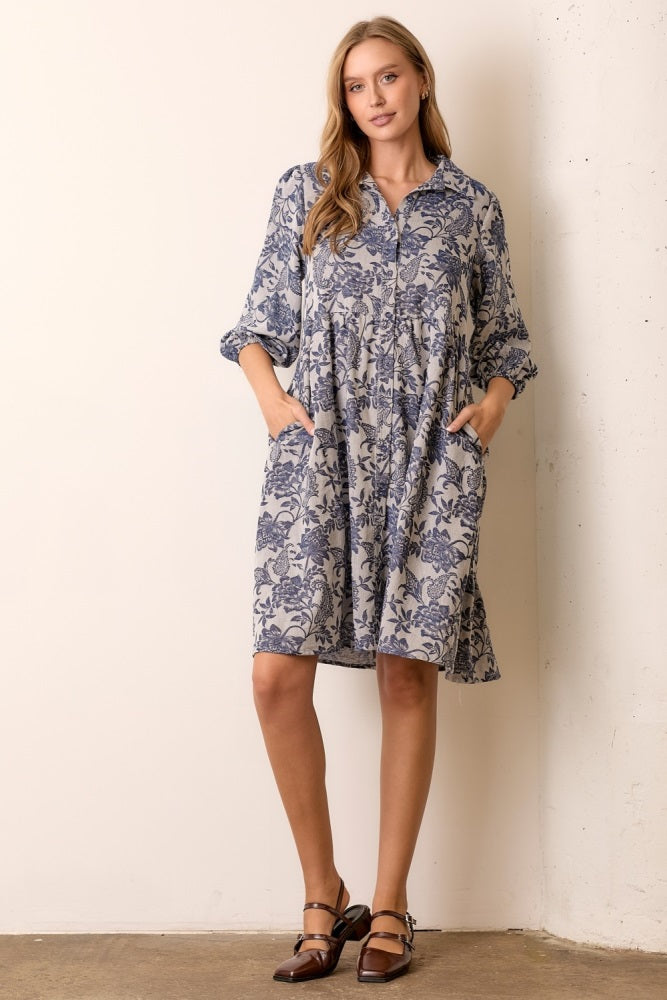Navy Floral Button Down 3/4 Sleeve Midi Dress
