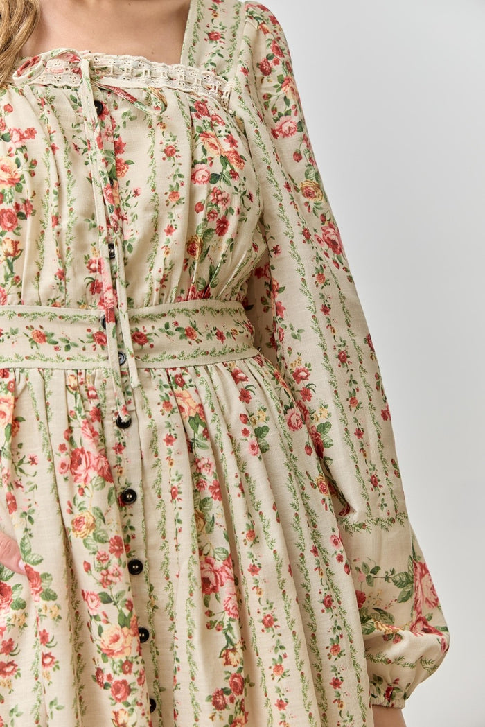 Cream Floral Stripe Button Down Long Sleeve Midi Dress