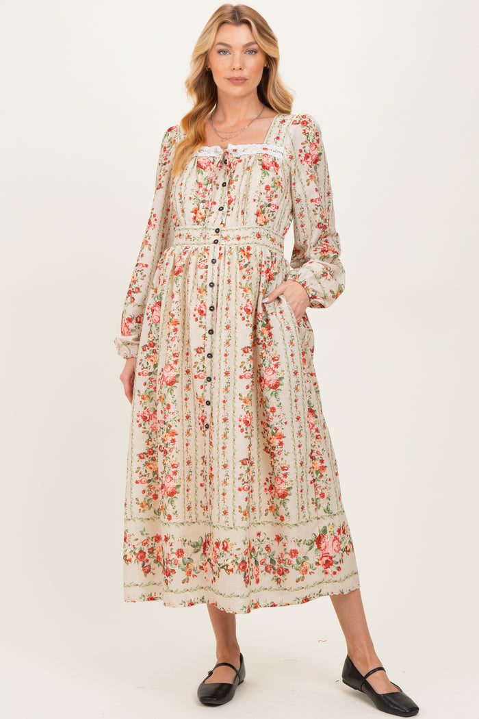 Cream Floral Stripe Button Down Long Sleeve Maternity Midi Dress