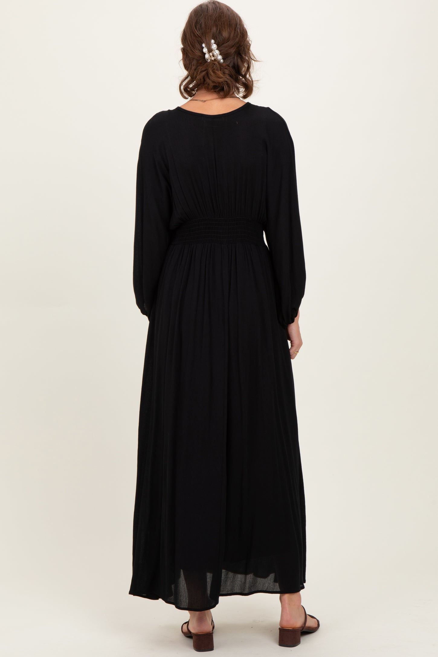 Black Solid Long Sleeve V-Neck Smocked Detail Maxi Dress