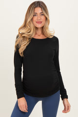 Black Solid Ribbed Ruched Long Sleeve Maternity Top