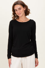 Black Solid Ribbed Ruched Long Sleeve Top