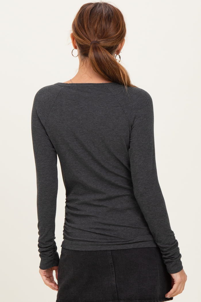 Charcoal Solid Ribbed Ruched Long Sleeve Top