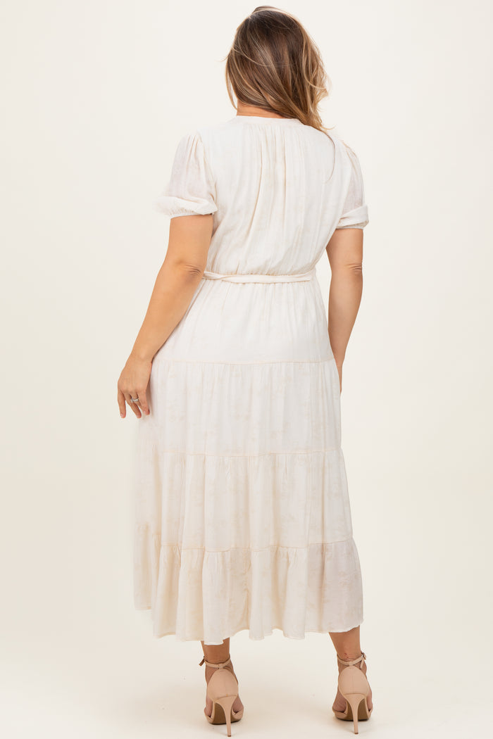 Cream Split Neckline Tiered Maternity Plus Midi Dress