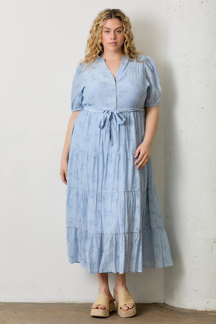 Light Blue Split Neckline Tiered Plus Midi Dress