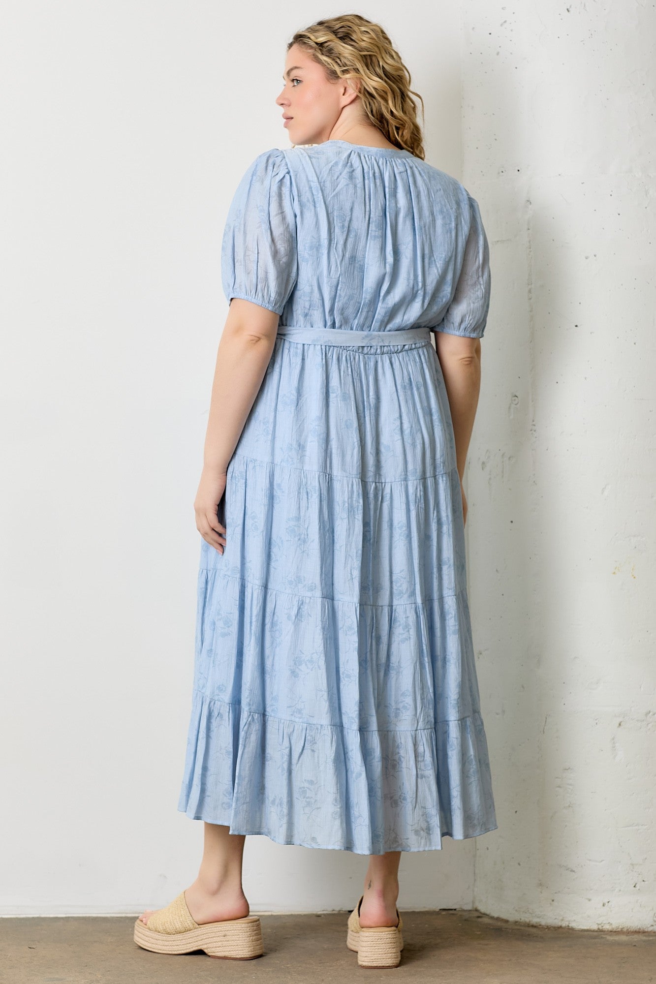 Light Blue Split Neckline Tiered Plus Midi Dress