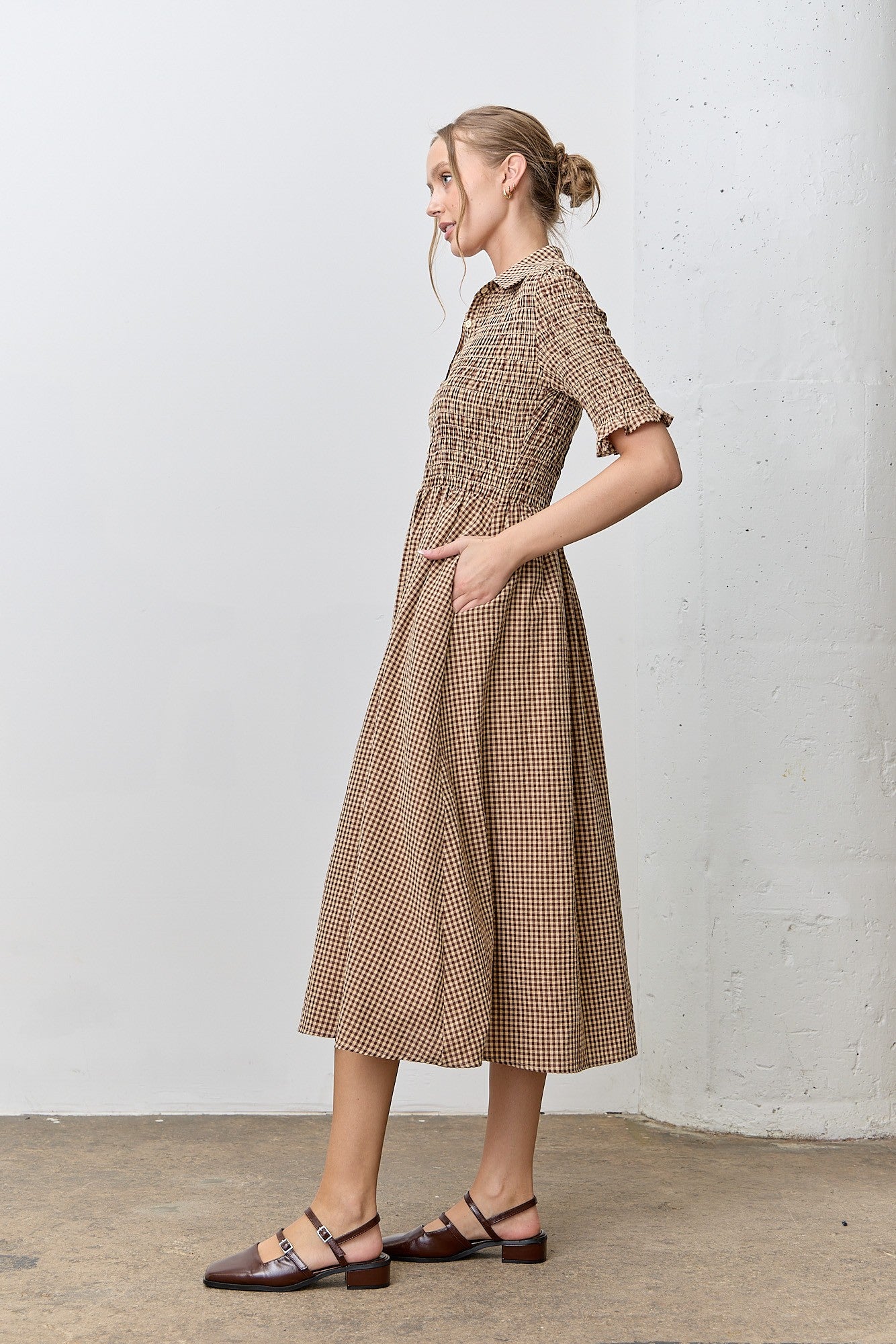 Mocha Gingham Smocked Button Down Midi Dress