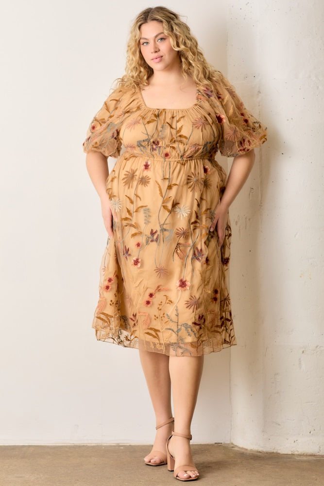 Dark Yellow Floral Embroidered Mesh Plus Dress