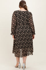 Black Floral Chiffon Long Sleeve Pleated Maternity Plus Midi Dress