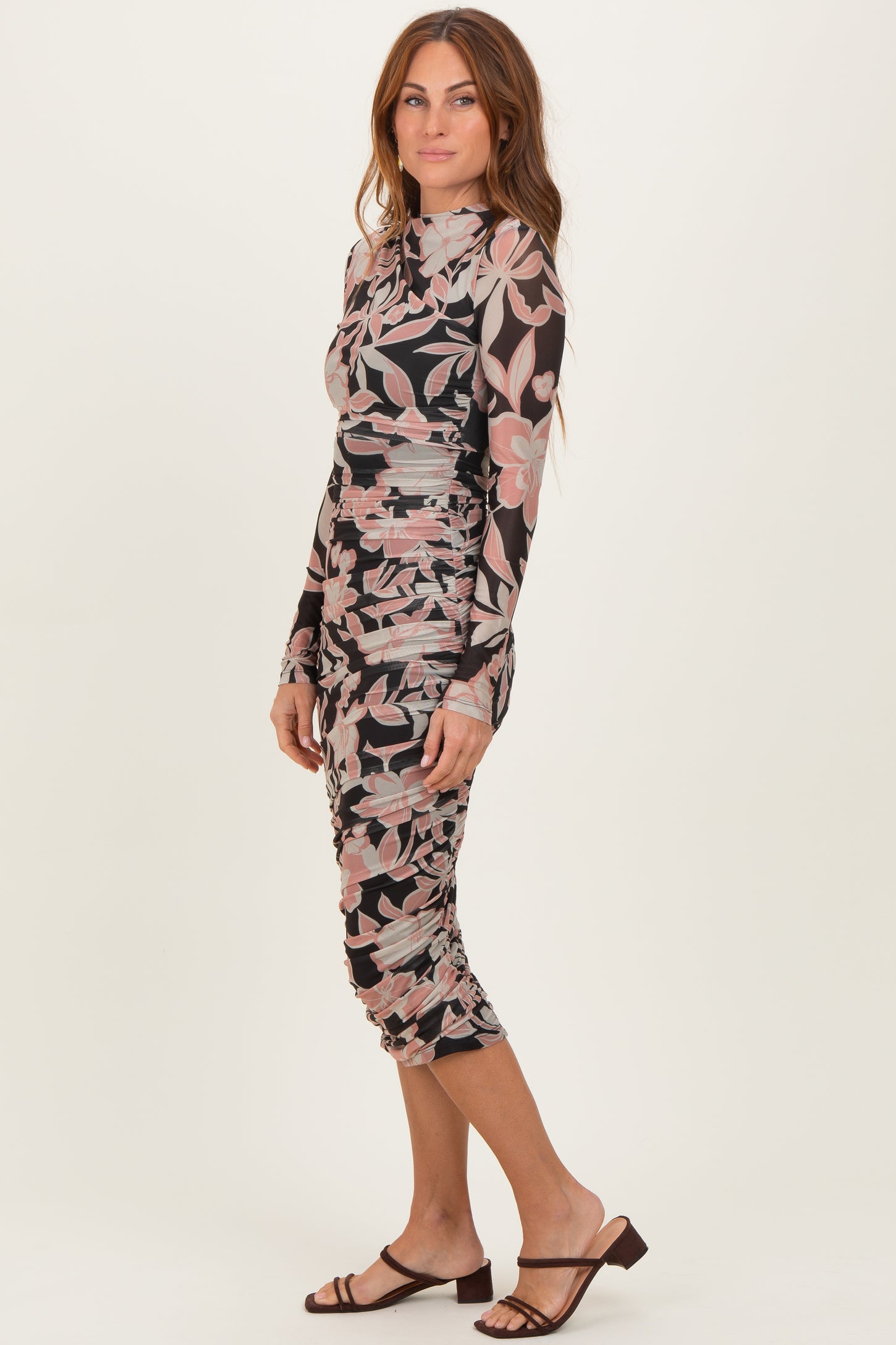 Black Floral Mesh Ruched Long Sleeve Midi Dress
