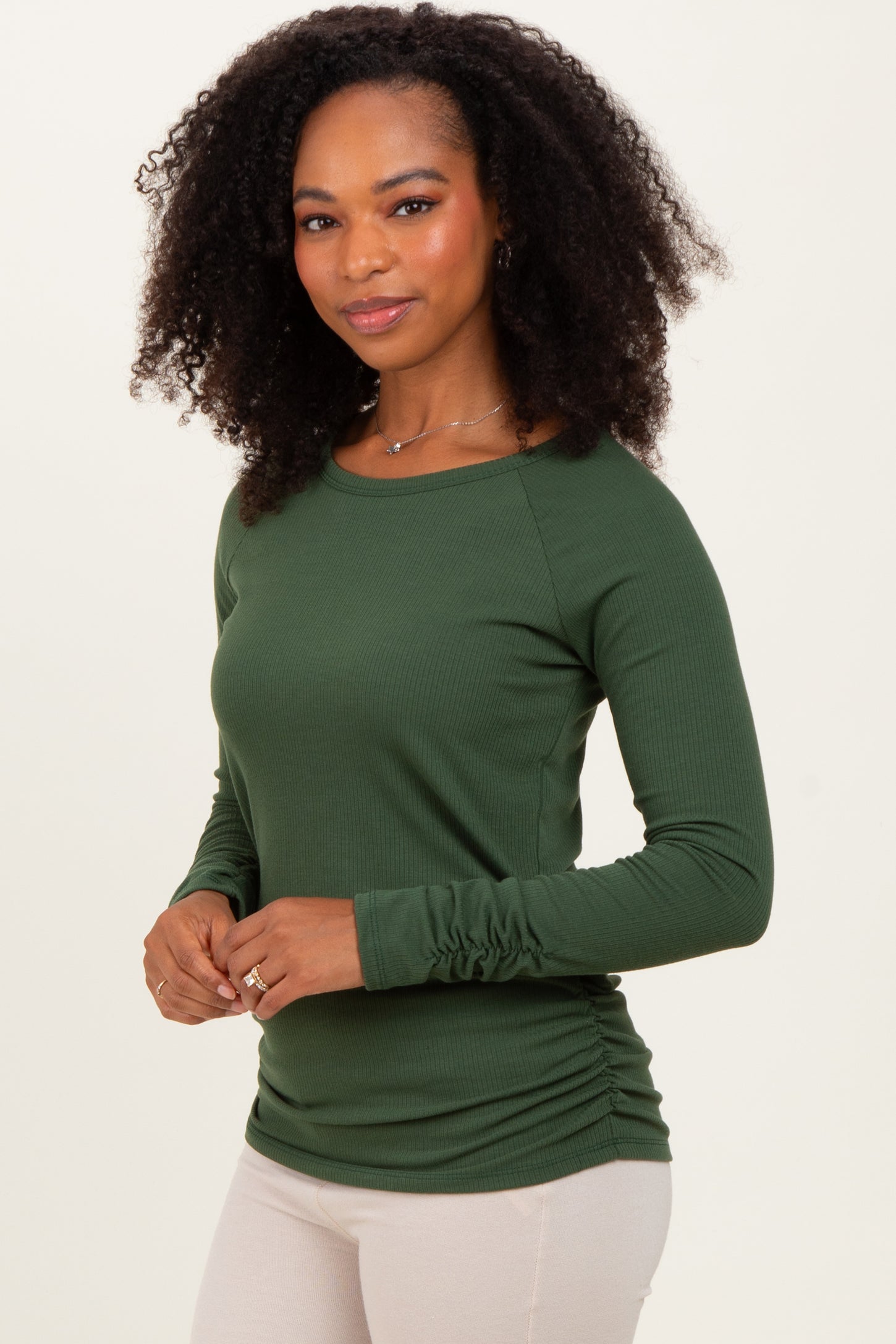 Olive Solid Ribbed Ruched Long Sleeve Top