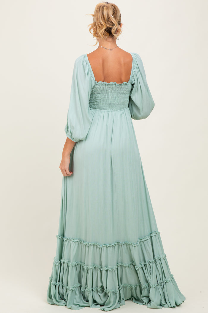 Sage Solid 3/4 Sleeve Smocked Top Tiered Maternity Maxi Dress