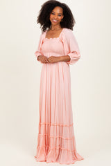 Light Pink Solid 3/4 Sleeve Smocked Top Tiered Maternity Maxi Dress