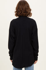Black Solid Ribbed Long Sleeve Open Front Pocket Cardigan