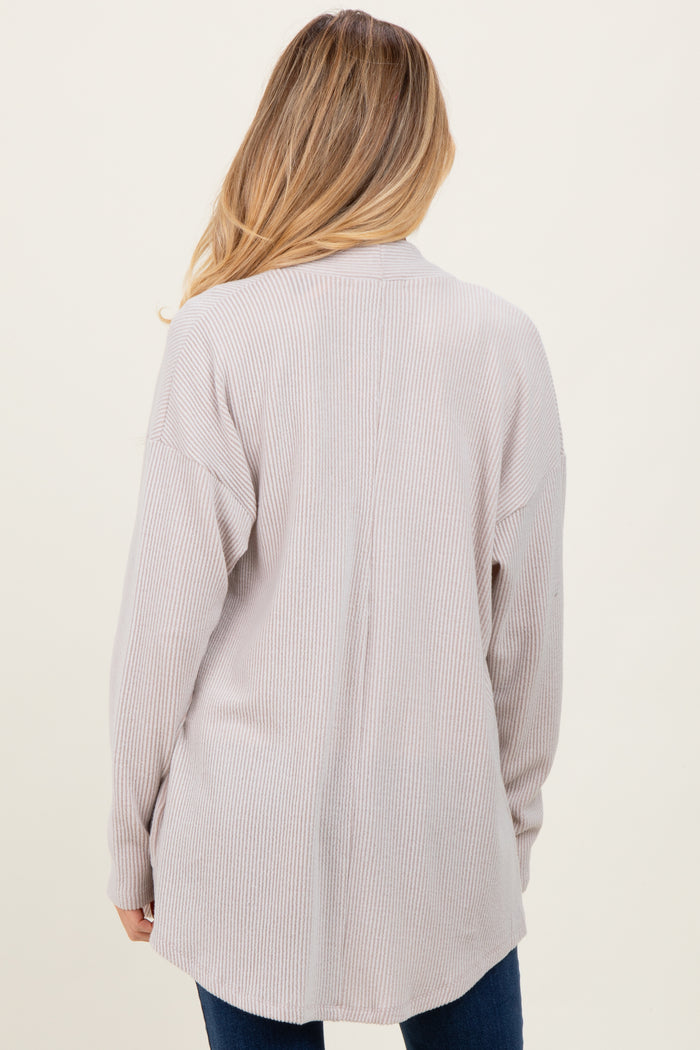 Beige Solid Ribbed Long Sleeve Open Front Pocket Maternity Cardigan
