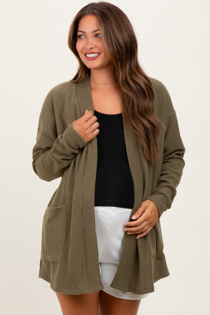 Olive Solid Ribbed Long Sleeve Open Front Pocket Maternity Cardigan