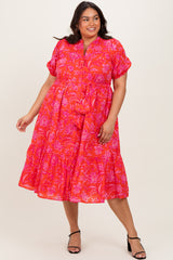 Red Floral Button Down Plus Midi Shirt Dress