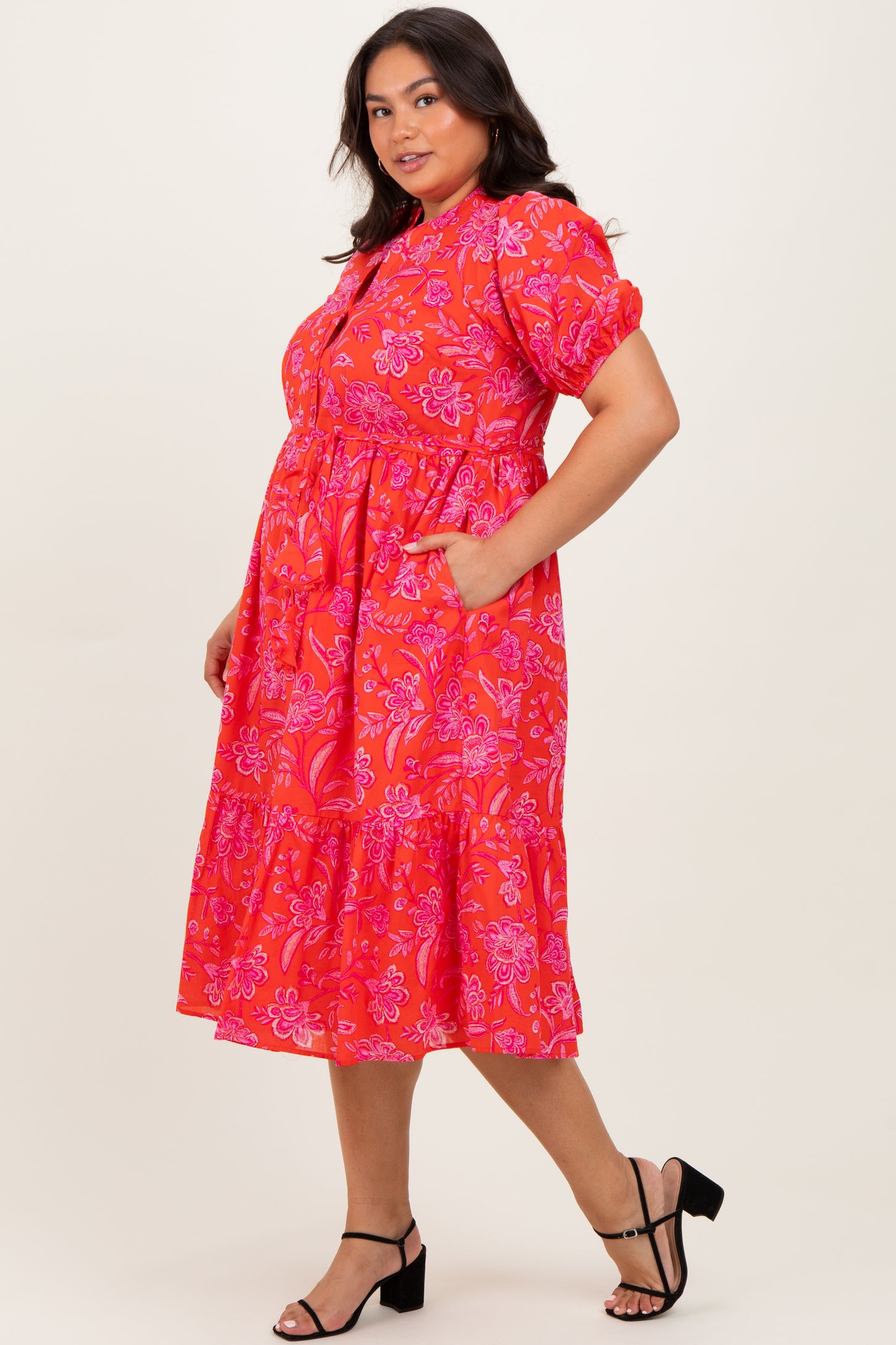 Red Floral Button Down Plus Midi Shirt Dress