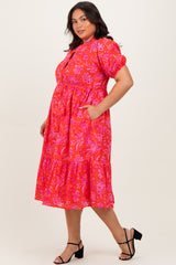 Red Floral Button Down Plus Midi Shirt Dress