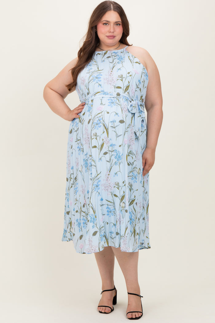 Light Blue Floral Pleated Sleeveless Maternity Plus Midi Dress