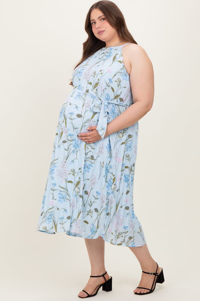 Light Blue Floral Pleated Sleeveless Maternity Plus Midi Dress