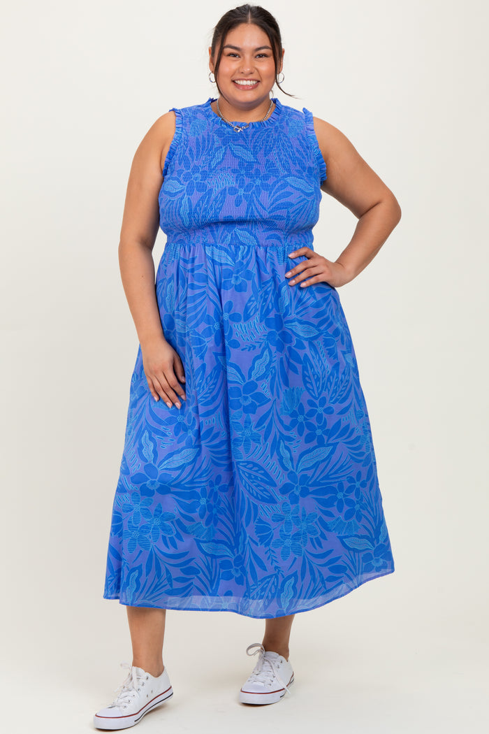 Royal Blue Floral Smocked Sleeveless Plus Midi Dress