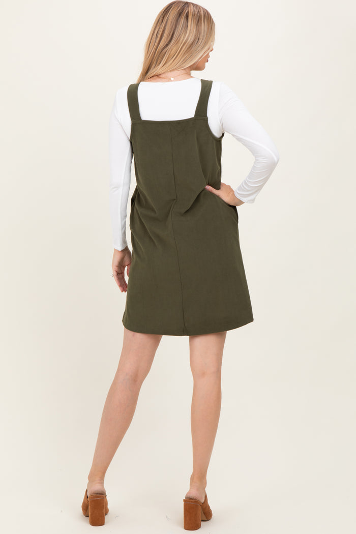 Olive Solid Corduroy V-Neck A-Line Mini Dress