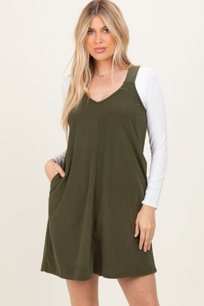 Olive Solid Corduroy V-Neck A-Line Mini Dress
