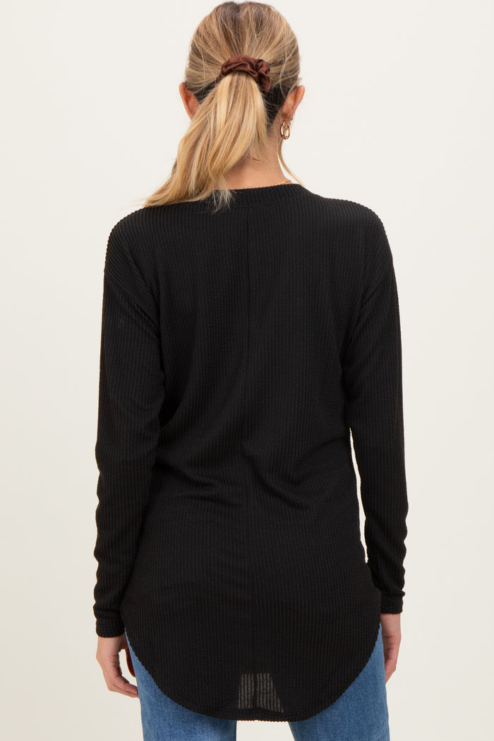 Black Solid Ribbed Long Sleeve Maternity Tunic Top