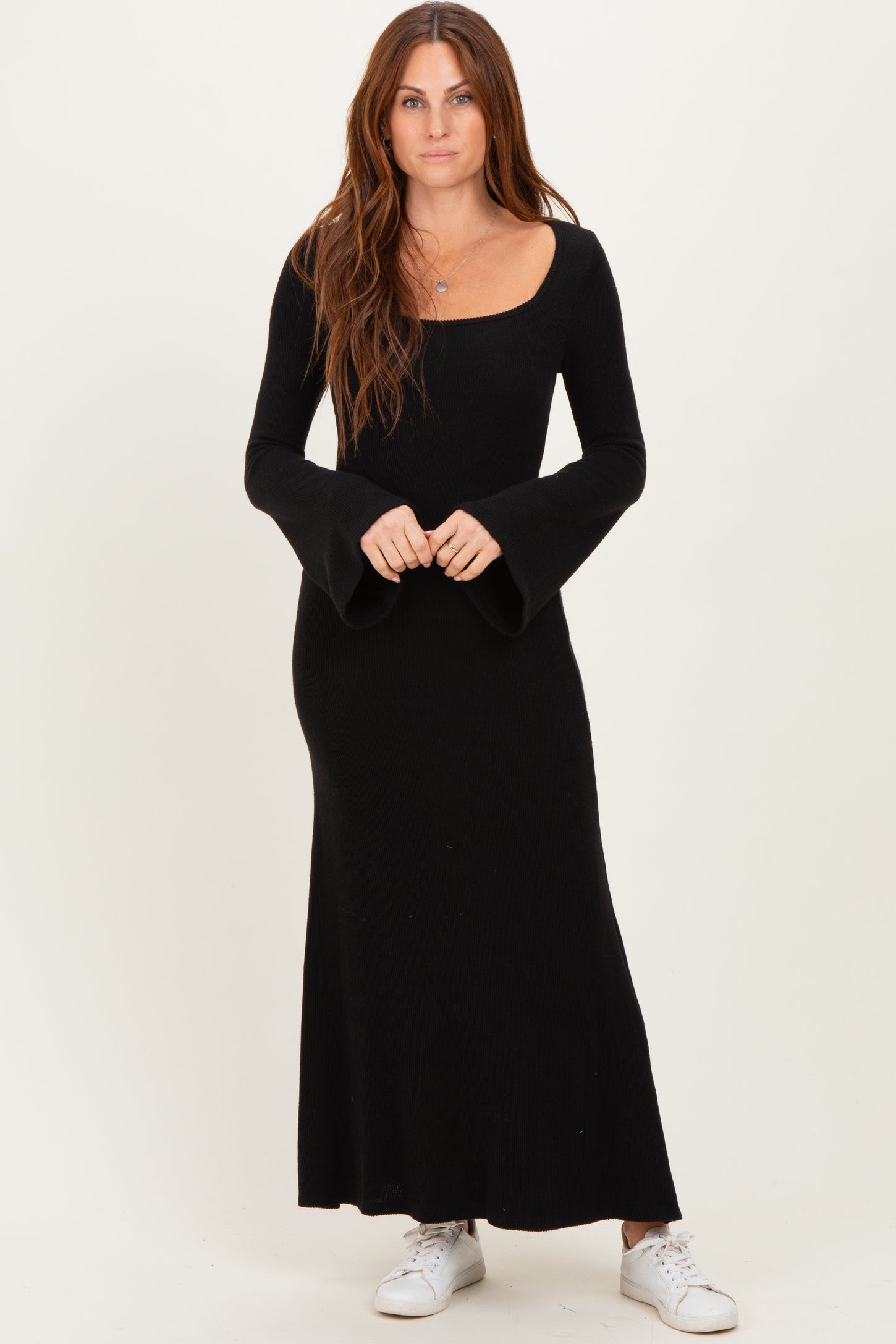 Black Solid Ribbed Long Sleeve Square Neck Maxi Dress