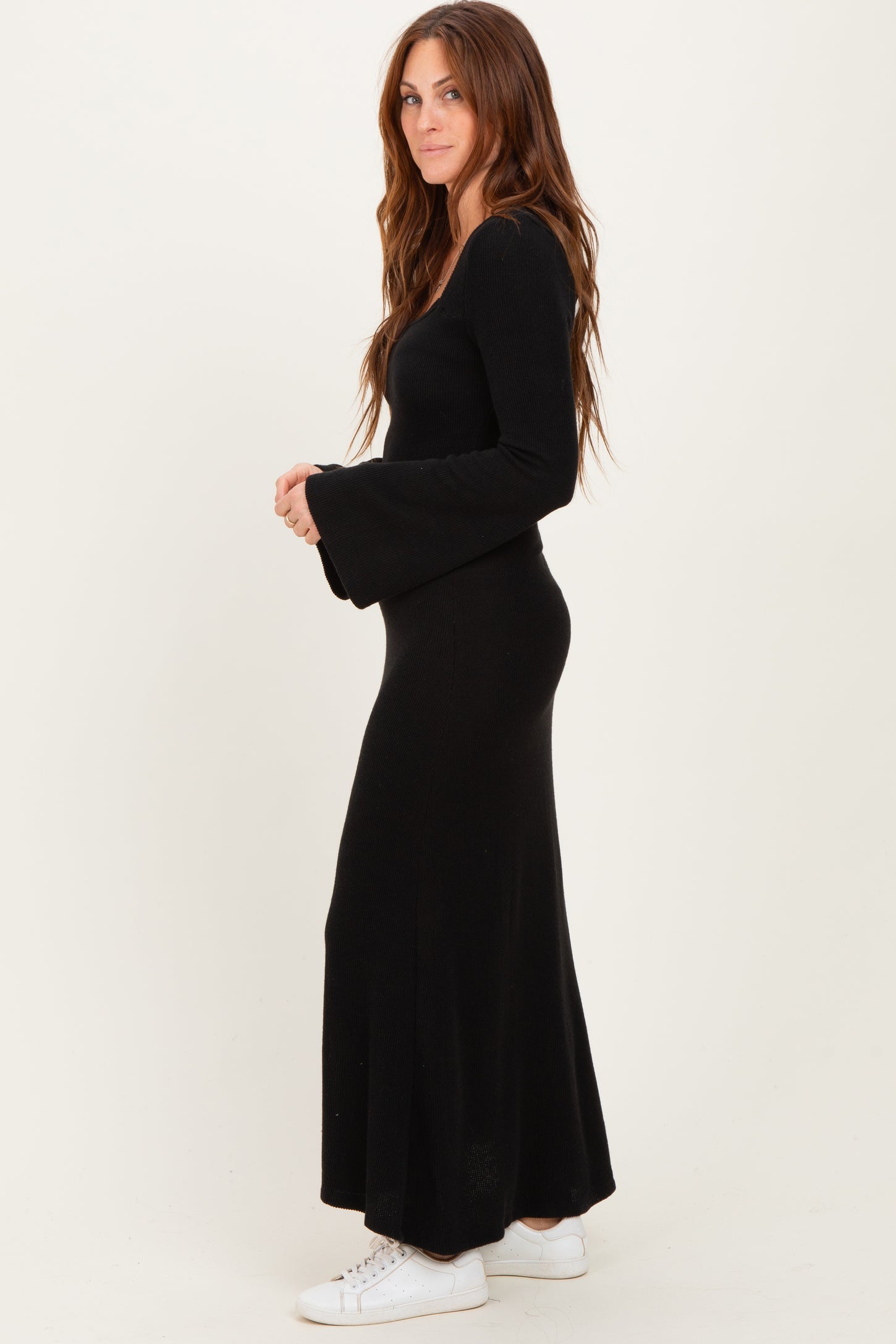 Black Solid Ribbed Long Sleeve Square Neck Maxi Dress