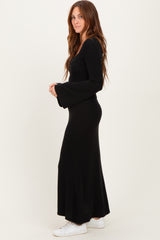Black Solid Ribbed Long Sleeve Square Neck Maxi Dress