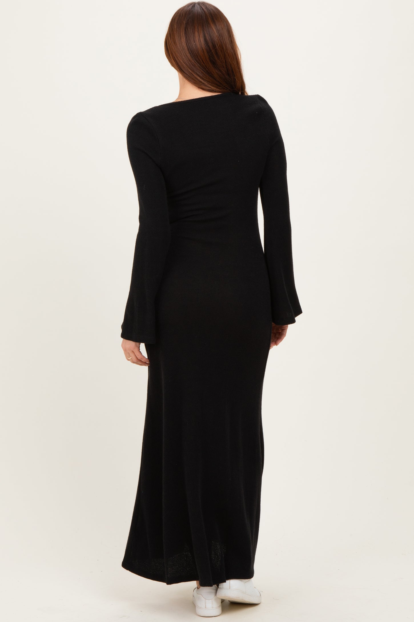 Black Solid Ribbed Long Sleeve Square Neck Maxi Dress