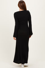 Black Solid Ribbed Long Sleeve Square Neck Maxi Dress