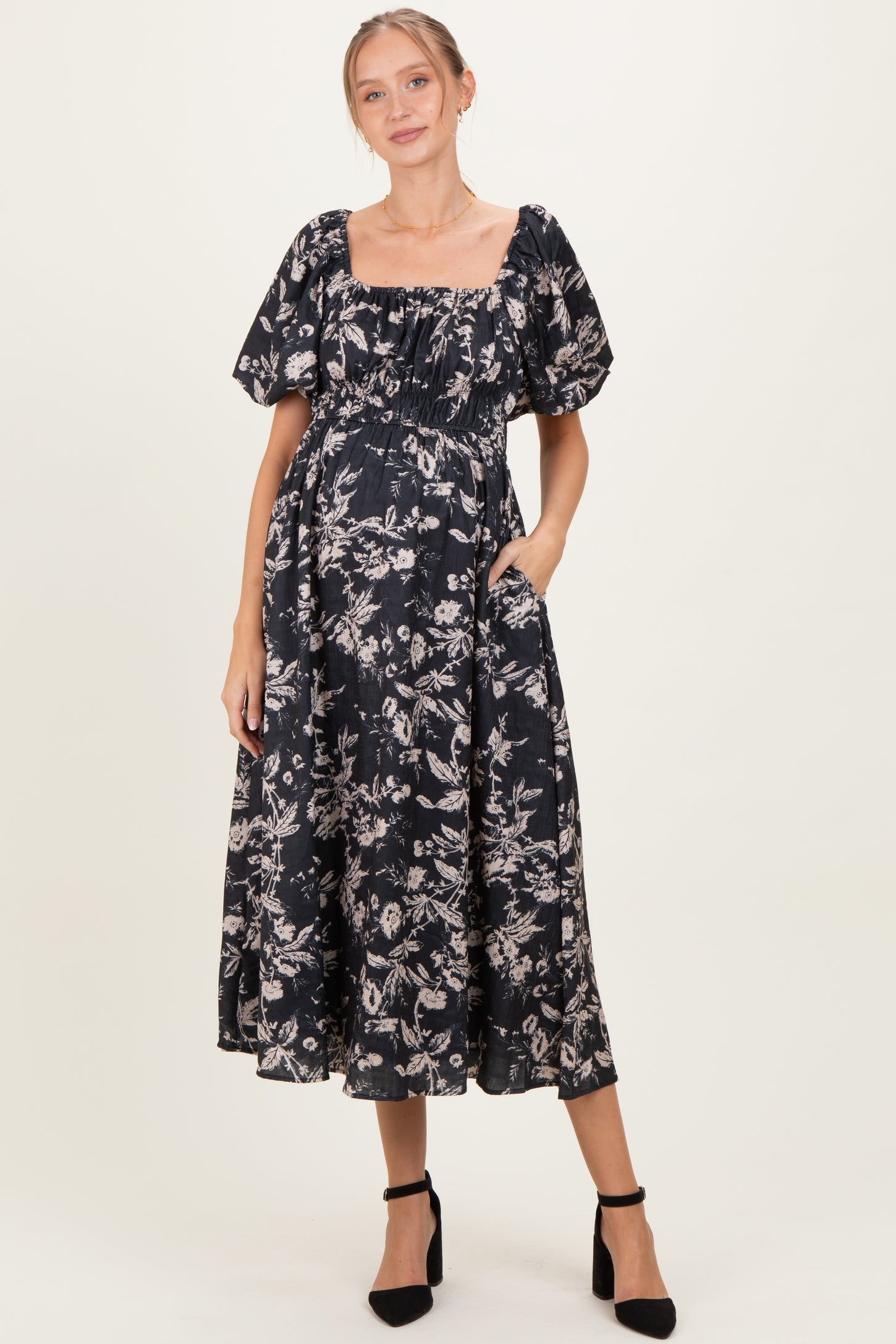 Black Floral Puff Sleeve Smocked Waist Maternity Midi Dress