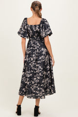 Black Floral Puff Sleeve Smocked Waist Maternity Midi Dress