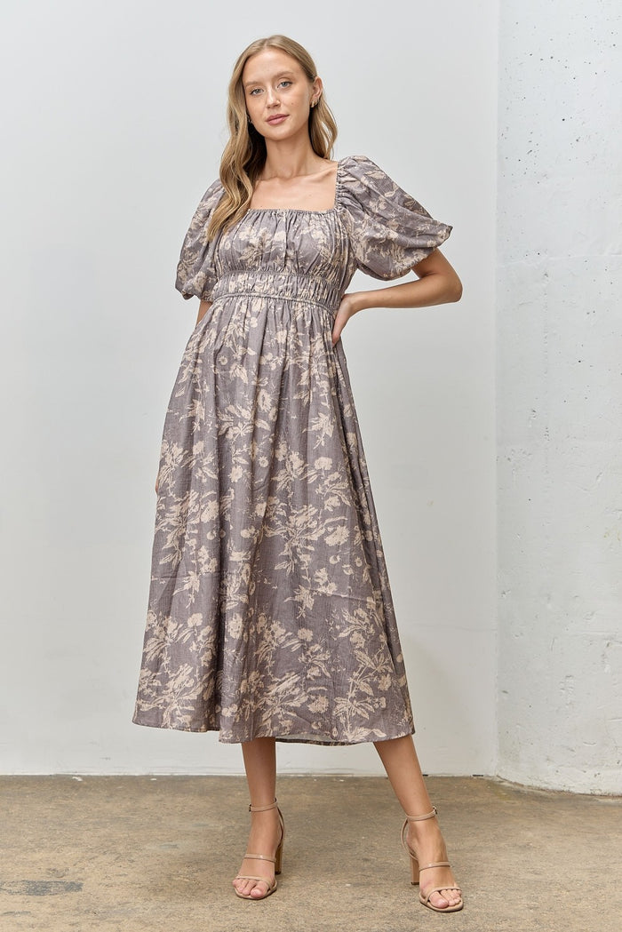 Grey Floral Puff Sleeve Smocked Waist Maternity Midi Dress