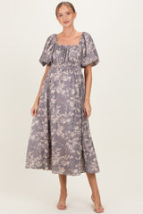 Grey Floral Puff Sleeve Smocked Waist Maternity Midi Dress