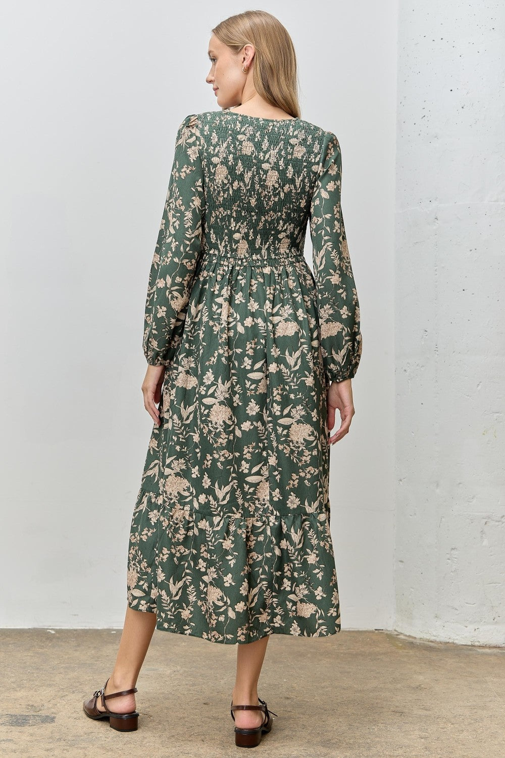 Green Floral Smocked Long Sleeve Midi Dress