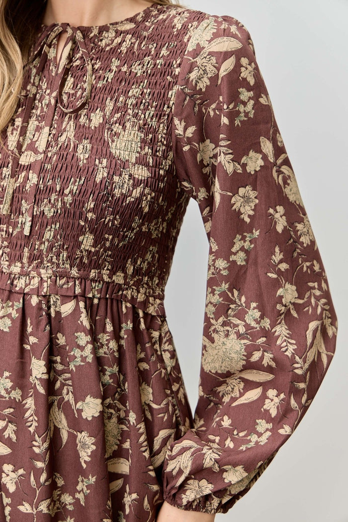 Brown Floral Smocked Long Sleeve Midi Dress
