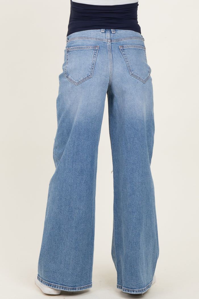 Blue Distressed Open Knee Baggy Wide Leg Maternity Jeans