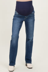maternity wear dark blue straight leg jeans with a navy belly panel